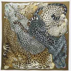 Pre Owned Hermès Khaki Green Print Silk Lazy Leopardesses Square Scarf