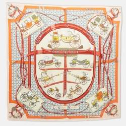 Pre Owned Hermes Orange Silk Les Voitures Nouvelles Scarf 