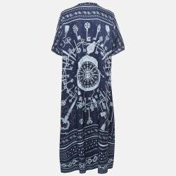 Hermes Navy Blue Printed Silk Twill Kaftan Midi Dress M