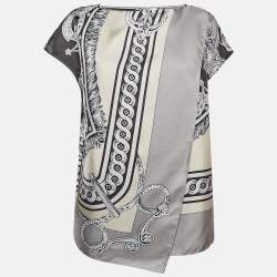 Hermès Grey Printed Silk Bride de Cour Remix Asymmetric Top L