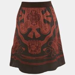 Hermès Brown Les Tambour Drum Print Silk Short Skirt M