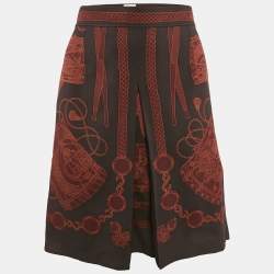 Hermès Brown Les Tambour Drum Print Silk Short Skirt M
