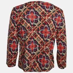 Pre Owned Hermès Navy Blue Printed Cotton Knit Full Sleeve Top M
