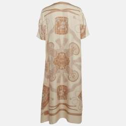 Pre Owned Hermes Beige Les Tambours Print Silk Tunic Midi Dress M
