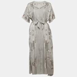Pre Owned Hermes Grey Printed Silk Belted Maxi Dress M