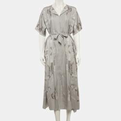 مملوكة مسبقًا Hermes Grey Printed Silk Belted Maxi Dress M