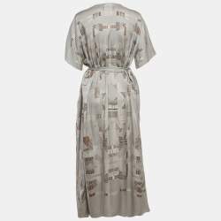 مملوكة مسبقًا Hermes Grey Printed Silk Belted Maxi Dress M