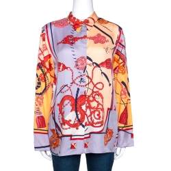 Hermes Multicolor Les Cléfs Printed Silk Blouse M