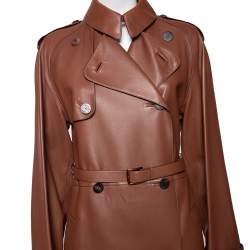 Hermès Brown Lambskin Leather Double Breasted Belted Coat M