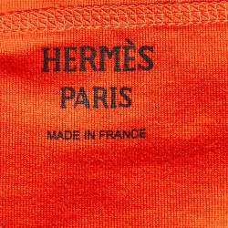 Pre Owned Hermes Orange Embroidered Pocket Detail Cotton Knit T-Shirt M