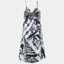 Hermes White/Black Printed Silk Twill Midi Dress M