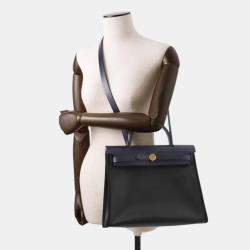 Pre Owned Hermes Herbag Zip Le Tourne Black/Blue Nuit Toile H Berline Vache Hunter Leather Size PM