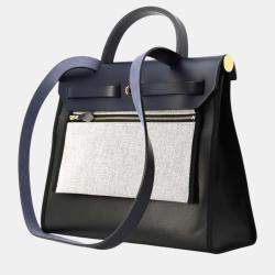 Pre Owned Hermes Herbag Zip Le Tourne Black/Blue Nuit Toile H Berline Vache Hunter Leather Size PM