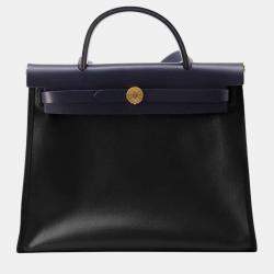 Pre Owned Hermes Herbag Zip Le Tourne Black/Blue Nuit Toile H Berline Vache Hunter Leather Size PM