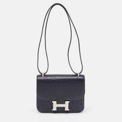 Pre Owned Hermès Bleu Indigo Ostrich Palladium Finish Constance 18 Mini Bag