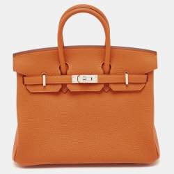Hermes Orange Togo Leather Palladium Finish Birkin 25 Bag