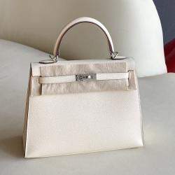 Hermes Ivory Epsom Leather Palladium Finish Kelly 25