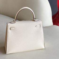 Hermes Ivory Epsom Leather Palladium Finish Kelly 25