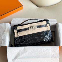 Hermes Black Shiny Crocodile Leather Kelly Pochette