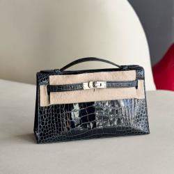 Hermes Black Shiny Crocodile Leather Kelly Pochette Handbag