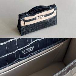 Hermes Black Shiny Crocodile Leather Kelly Pochette