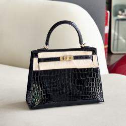 Hermes Shiny Black Crocodile Niloticus Kelly Sellier 25 Handbag