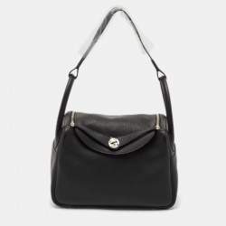 Hermes Noir Taurillon Clemence Leather Palladium Finish Lindy 30 Bag