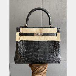 Hermes Black Matte Crocodile Leather Kelly 25  Shoulder Bag