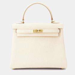 Hermes Kelly Retourne 25 Craie Togo Leather Top Handle Bag