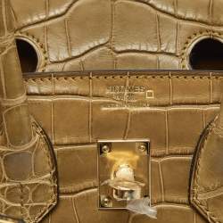 Pre Owned Hermes Poussiere Alligator Gold Finish Birkin 25 Bag