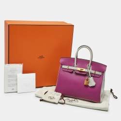 Pre Owned Hermes Rose Pourpre/Gris Perle Leather Gold Finish Birkin 25 Bag