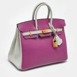 Pre Owned Hermes Rose Pourpre/Gris Perle Leather Gold Finish Birkin 25 Bag