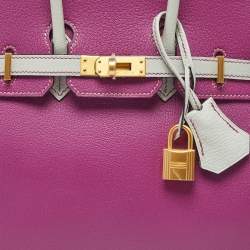 Pre Owned Hermes Rose Pourpre/Gris Perle Leather Gold Finish Birkin 25 Bag