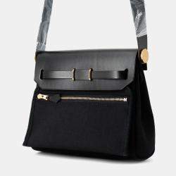 Pre Owned Hermes Herbag Zip Mini Black Toile Military Vache Hunter Leather Shoulder Bag