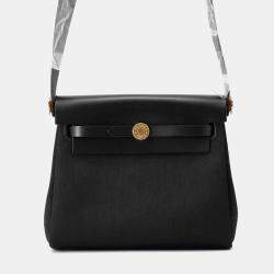 Pre Owned Hermes Herbag Zip Mini Black Toile Military Vache Hunter Leather Shoulder Bag