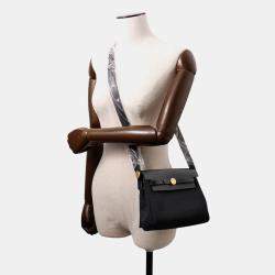Pre Owned Hermes Herbag Zip Mini Black Toile Military Vache Hunter Leather Shoulder Bag