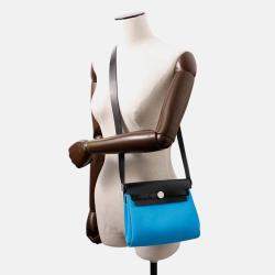 Pre Owned Hermes Herbag Zip Mini Blue Riviera/Black Toile Military Vache Hunter Leather Bag 