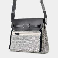 Pre Owned Hermes Herbag Mini Ecru Black Toile Vache Hunter Leather Zip Handbag