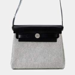 Pre Owned Hermes Herbag Mini Ecru Black Toile Vache Hunter Leather Zip Handbag