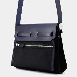 Pre Owned Hermes Herbag Mini Zip Blue Indigo/Black Toile Military Vache Hunter Leather 