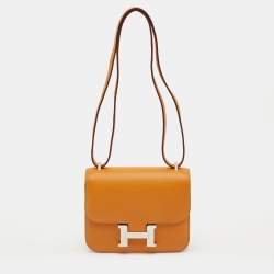 Pre Owned Hermes Abricot/Rouge Evercolor Leather Palladium Finish Constance 18 Mini Bag