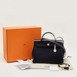 Pre Owned Hermes Bleu Indigo Toile and Vache Hunter Leather Herbag Zip 31 Bag