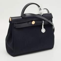 Pre Owned Hermes Bleu Indigo Toile and Vache Hunter Leather Herbag Zip 31 Bag