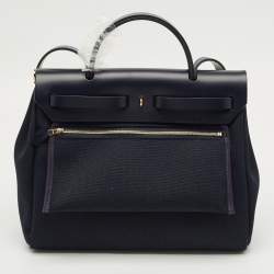 Pre Owned Hermes Bleu Indigo Toile and Vache Hunter Leather Herbag Zip 31 Bag