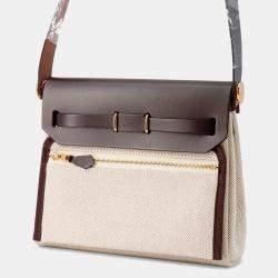 Pre Owned Hermes Herbag Zip Ecru/Ebene Toile Military Vache Hunter Leather Size Mini