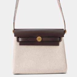 Pre Owned Hermes Herbag Zip Ecru/Ebene Toile Military Vache Hunter Leather Size Mini
