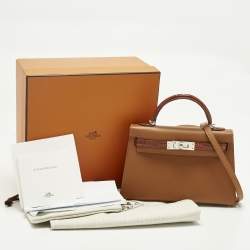 Pre Owned Hermès Gold/Miel Madame Leather and Alligator Palladium Finish Mini Kelly II Sellier Touch 20 Bag