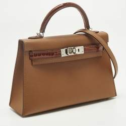 Pre Owned Hermès Gold/Miel Madame Leather and Alligator Palladium Finish Mini Kelly II Sellier Touch 20 Bag