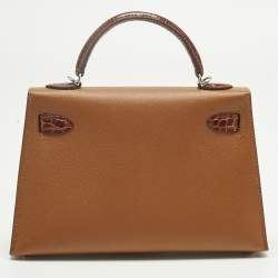 Pre Owned Hermès Gold/Miel Madame Leather and Alligator Palladium Finish Mini Kelly II Sellier Touch 20 Bag