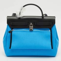 Pre Owned Hermes Bleu Riviera/Noir Toile Militaire and Vache Hunter Herbag Zip 31 Bag